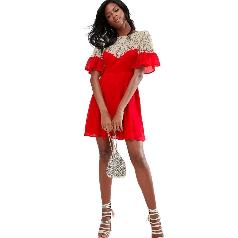 ASOS red chiffon mini skaterdress with cream lace yoke detail & flutter sleeves